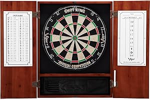 Viper Metropolitan Solid Wood Cabinet & Sisal/Bristle Dartboard Ready-to-Play Bundle with Steel-Tip Darts, Integrated Storage, Dry Erase Scoreboard & Out-Chart in Multiple Stain Options
