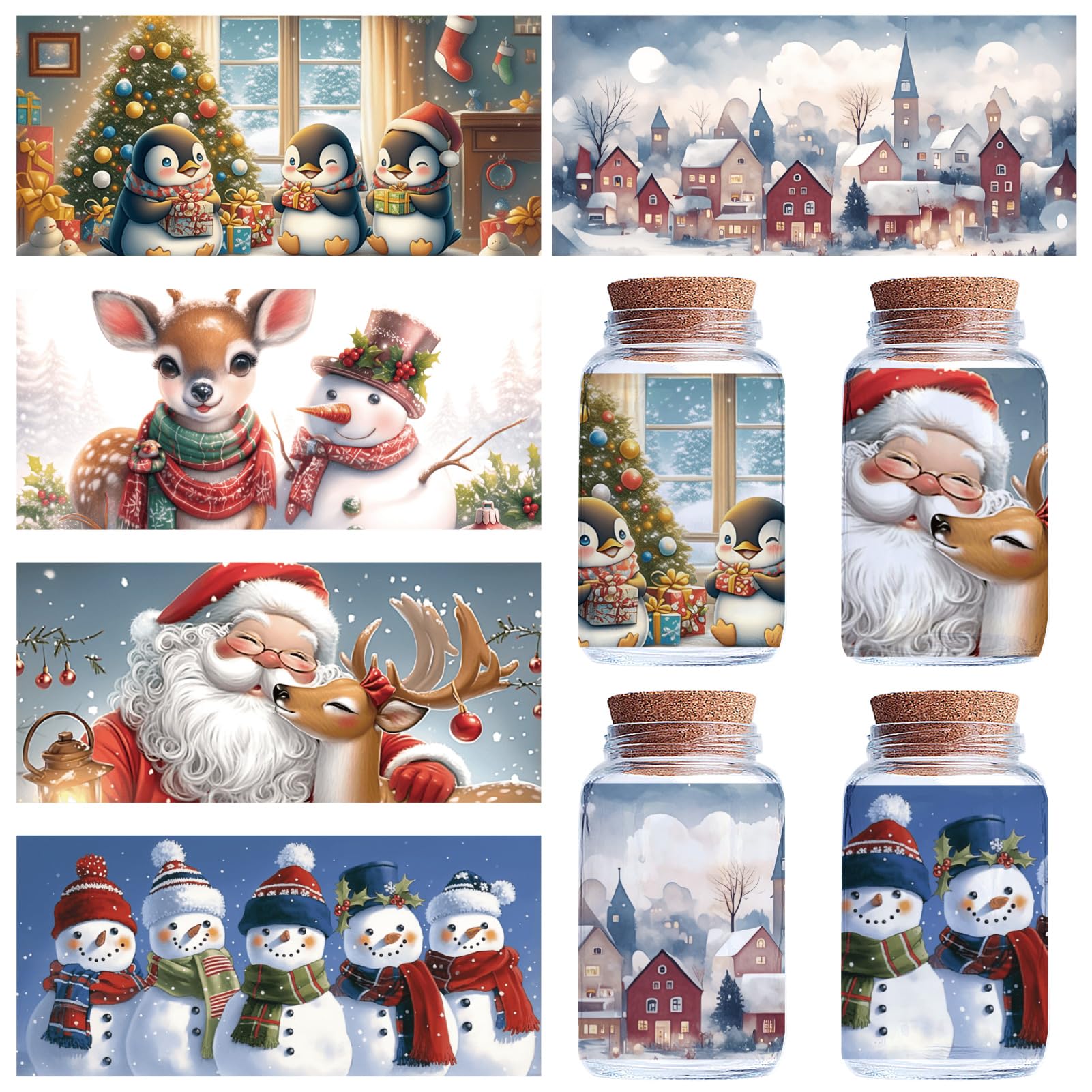 CREATCABIN 5 Sheets Christmas Transfer Stickers for Glass Cups Xmas Santa Snowman Rub on Transfers Decal UV DTF Cup Wrap Transfer Sticker PVC Waterproof Decals for DIY Crafts Furniture 9.44x4.33 Inch