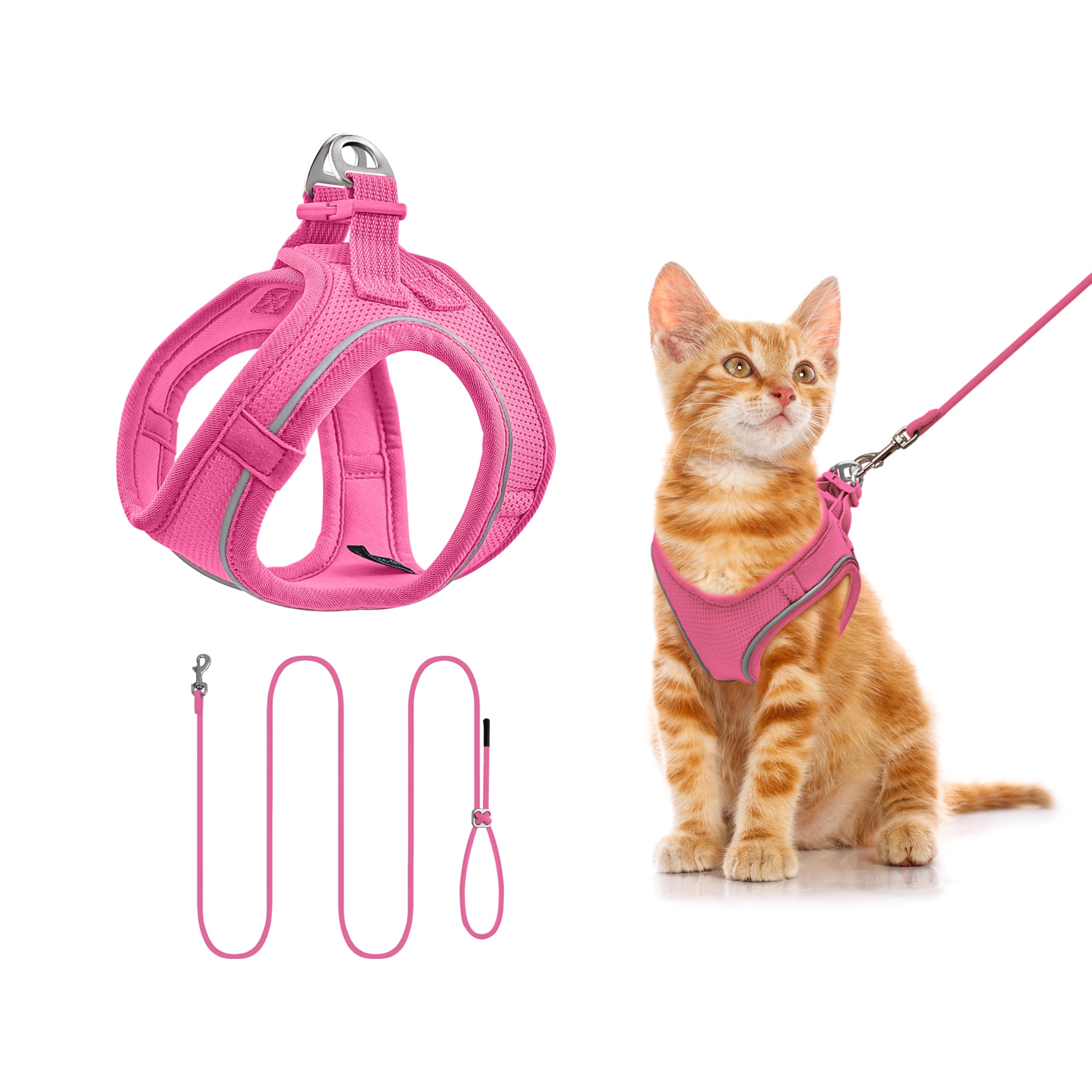 Qianruida Breathable and Adjustable Cat Harness, Reflective Cat Lead, Collars, Harness and Leads for Cats and Small Dogs for Walking, Running (ROSEO XS)