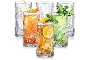 Cididu Set of 6 Textured Drinking Glasses, 12 oz Embossed Highball Water Glasses, Iced Tea Beverage Glass Thick Heavy Base, V