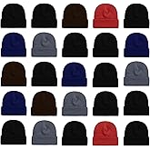 25 Pack Winter Beanie Hats, Unisex Thermal Toboggan Cold Weather Cuffed Caps Bulk Bundle