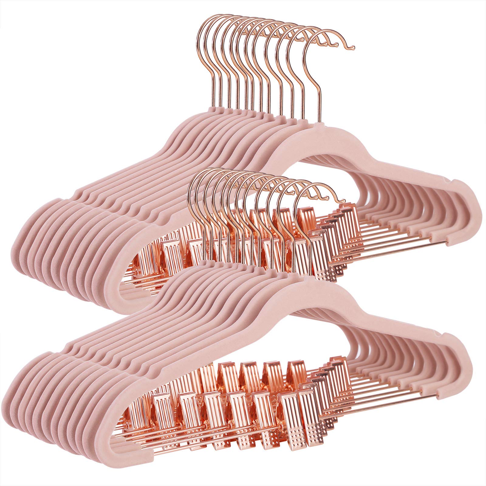 SONGMICS Set of 24 Velvet Hangers, Trouser Hangers for Clothes with Movable Clips and Rose Gold Hook, Non-Slip, Space-Saving, 42 cm Long, for Skirts, Dresses, Light Pink CRF14PK24