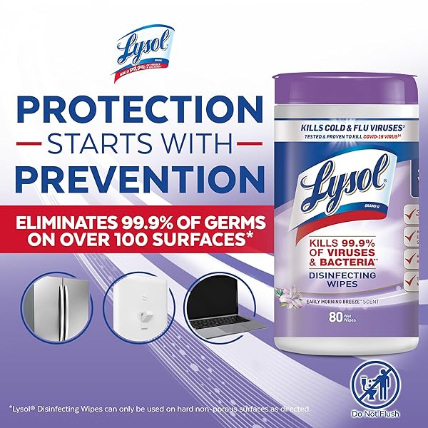 LYSOL DISINFECTANT WIPES, MULTI-SURFACE ANTIBACTERIAL CLEANING WIPES, DORM ROOM ESSENTIALS FOR DISINFECTING AND CLEANING, EARLY MORNING BREEZE, 80 COUNT (PACK OF 1)
