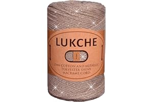 Lukche 2mm Cotton Sparkle Macrame Cord 224 Yards, 8.80 Oz, Colorful Crochet Macrame Cord for Wall Hangings, Bags, Plant Holders, Carpets, Polypropylene Supplies (Brown Gold 1)