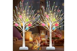 TURNMEON [ 2 Pack & Timer ] Easter Decorations, 24 Inch Lighted Easter Tree Tabletop Decor 24 LED Lights Battery Operated 6 Large Colorful Easter Eggs 95 Floral Berries Easter Egg Tree Decor Home Party Spring