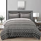 WONGS BEDDING Black Grey Boho Comforter Set King Size 7 Piece Stripe Gradient Bed Set Bed in a Bag Bedding Set for All Seasons Reversible Soft Microfiber Comforter with Sheets, Pillowcases & Shams