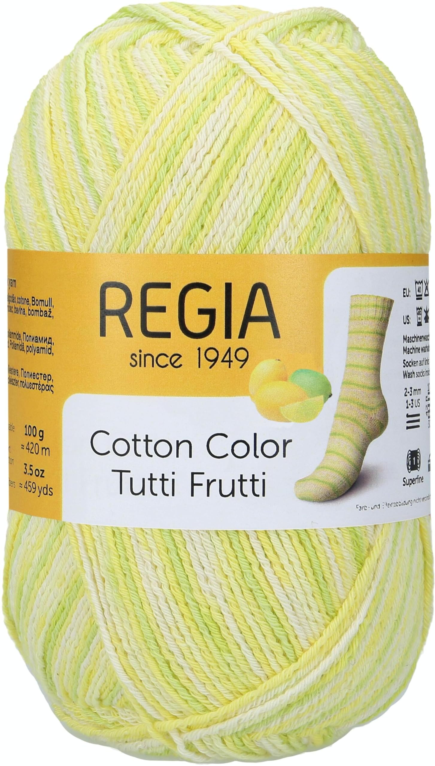 Regia 4-Strand Cotton Yarn, Colour: Tutti Frutti, Hand Knitting Yarn, Sock Yarn,100 g Ball, 9801621-02416, Lemon, 16 x 8 x 8 cm