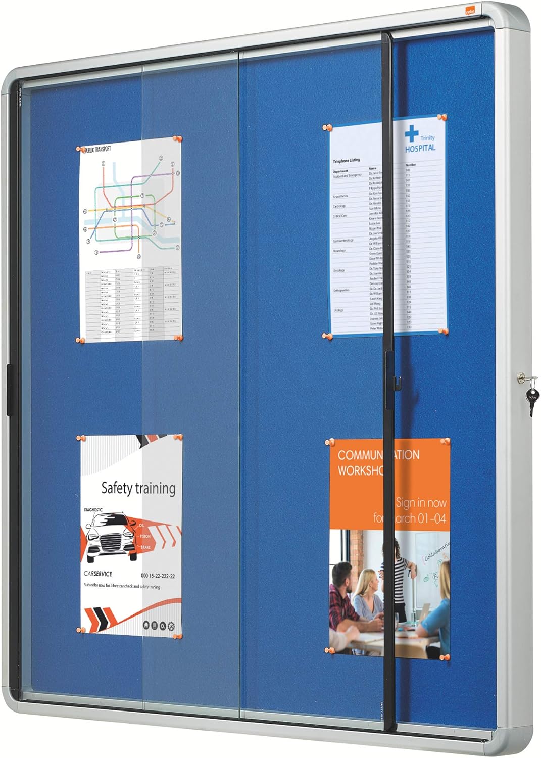 Nobo Felt Lockable Notice Board With Sliding Glass Door, 12 x A4, Premium Plus, Blue, 1902566