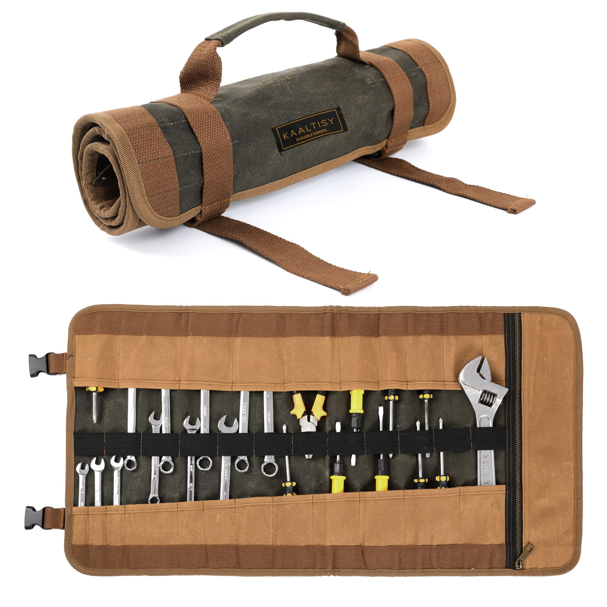 Canvas Tool Roll, 23-Pocket Heavy Duty Waxed Canvas Tool Storage (26"L x 13"W), Roll-Up Bag with Buckles and Handle - Army Green