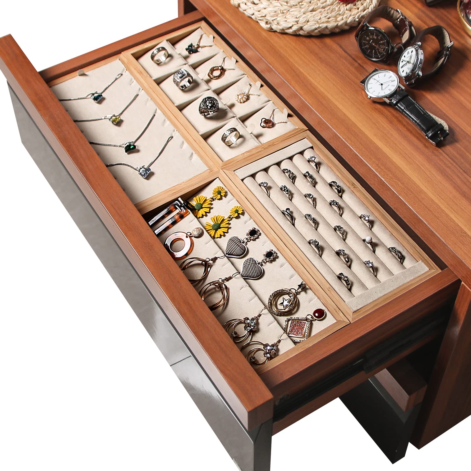 Coward Bamboo Ring Display Holder Jewelry Storage Tray Organizer Ring Stand For Home Desk or Shop Store Selling Show(beige)