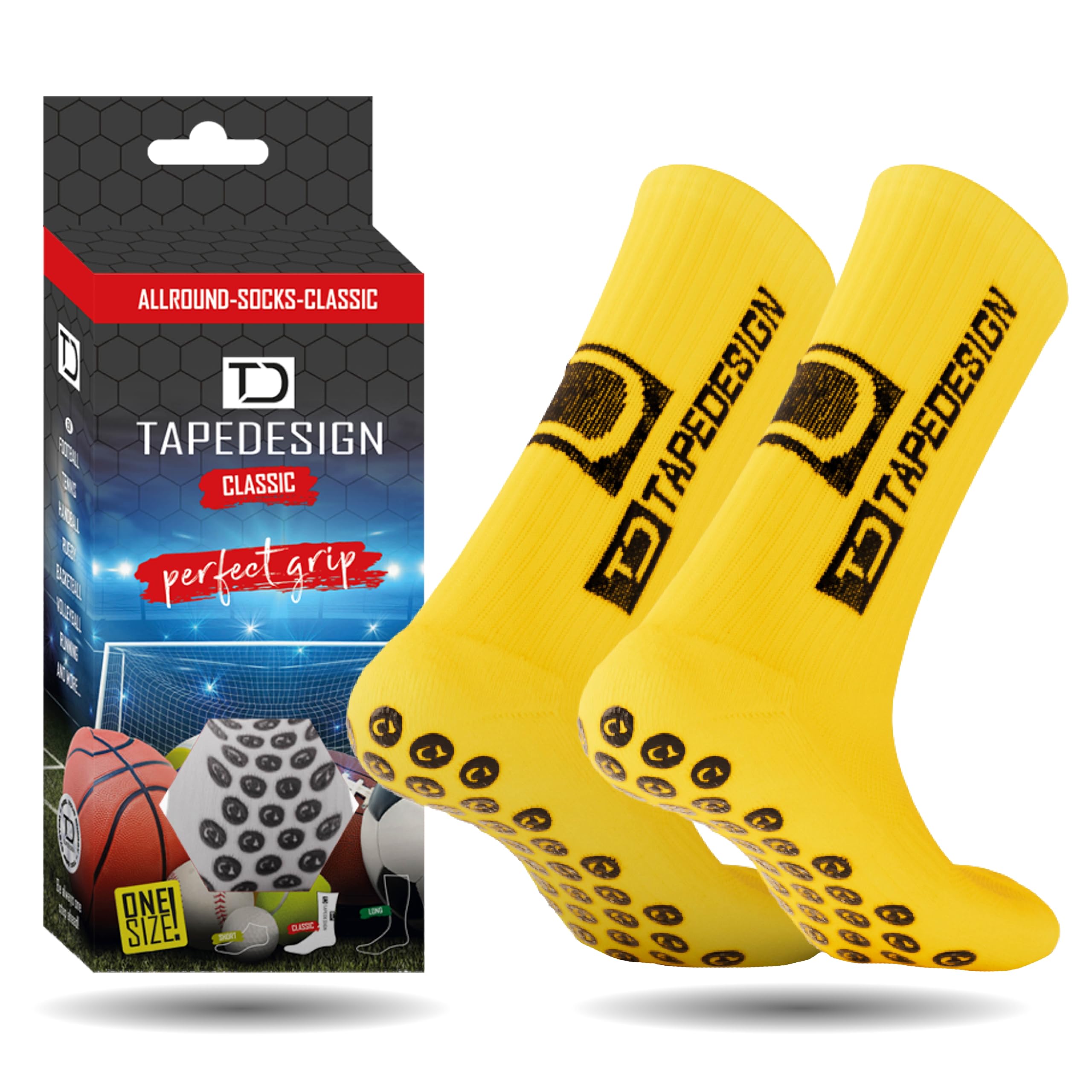 Tapedesign - "Classic 1 Pair Non-Slip Football Grip Socks Yellow (Size 5-14) for Men, Women & Kids - Soccer Socks Adults & Youth (Unisex) - Anti-Slip Sport Socks for Basketball, Tennis & Running