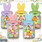 SUMMORO Easter Decorations - 5 PCS Easter Glass Candy Jar with Ceramic Bunny Shaped Lid Easter Cookie Decorative Jar with Gingham Ribbon Bows for Easter Table Centerpiece Decorations