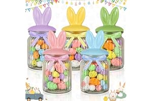 SUMMORO 5 Pcs Easter Glass Jar with Lid Ceramic Bunny Ear Shape Clear Glass Candy Jar Decorative Food Storage Container with 