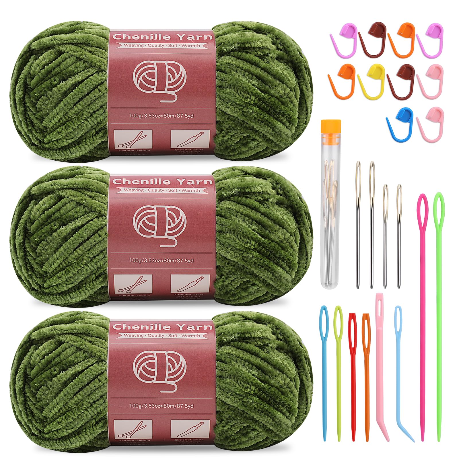 SUVSOON 3 * 100g Chenille Yarn, Chenille Velvet Yarn for Crocheting and Knitting with Needles Stitch Marker Handcrafts Weaving Soft Chenille Yarns for Blankets, Clothes, Pattern Knitting (Olive-Green) — image 1