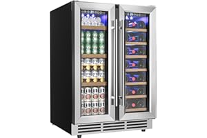 EUHOMY Wine and Beverage Refrigerator, 24 Inch Dual Zone Wine Cooler with Glass Door Hold 21 Bottles and 88 Cans, Built in or Under Counter Wine Fridge with Blue LED Light