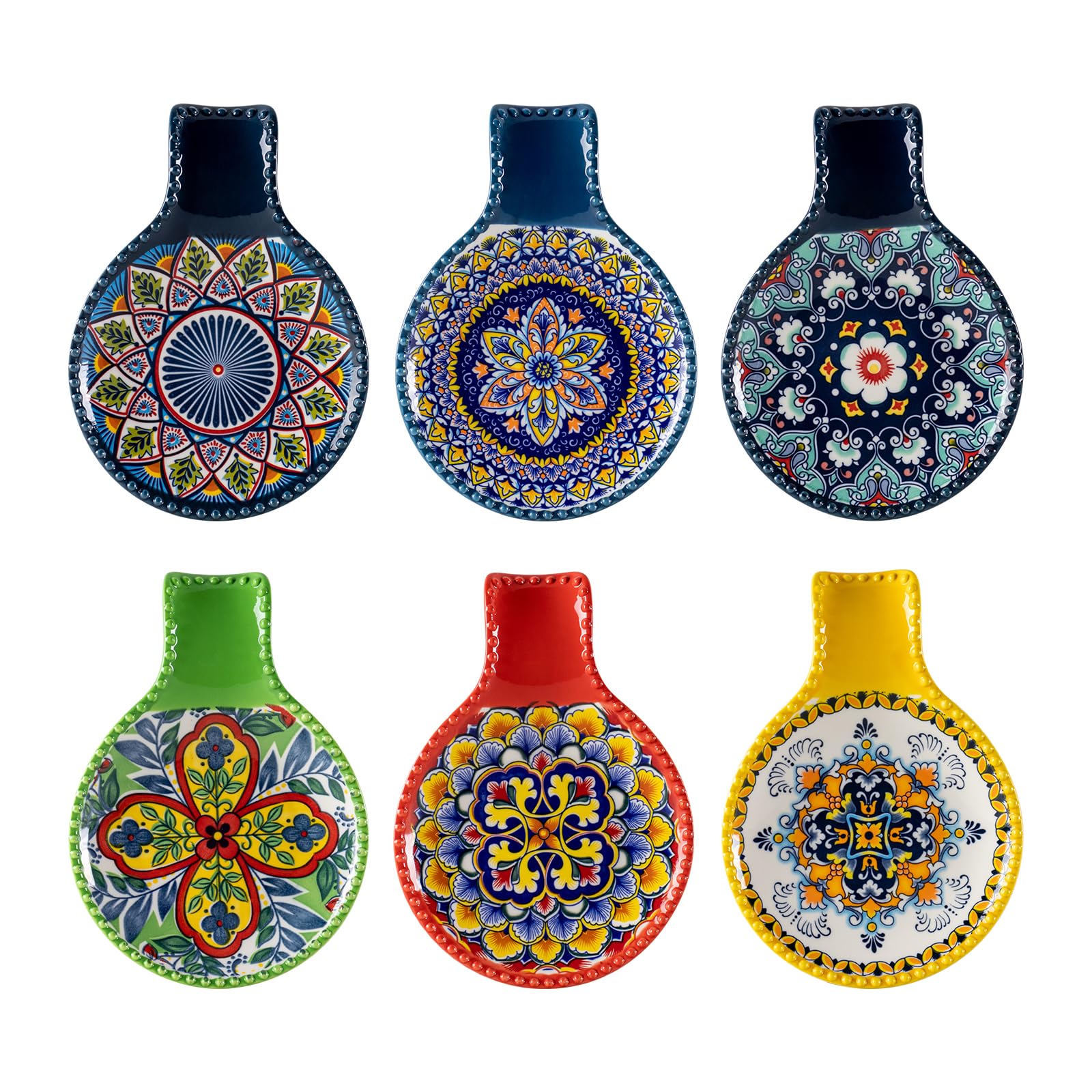 HENXFEN LEAD Spoon Rest Porcelain, Kitchen Utensil Holders Tableware Spoon Holder for Spoons, Ladles, Tongs. Colourful, Pack of 6 - Bohemian Style