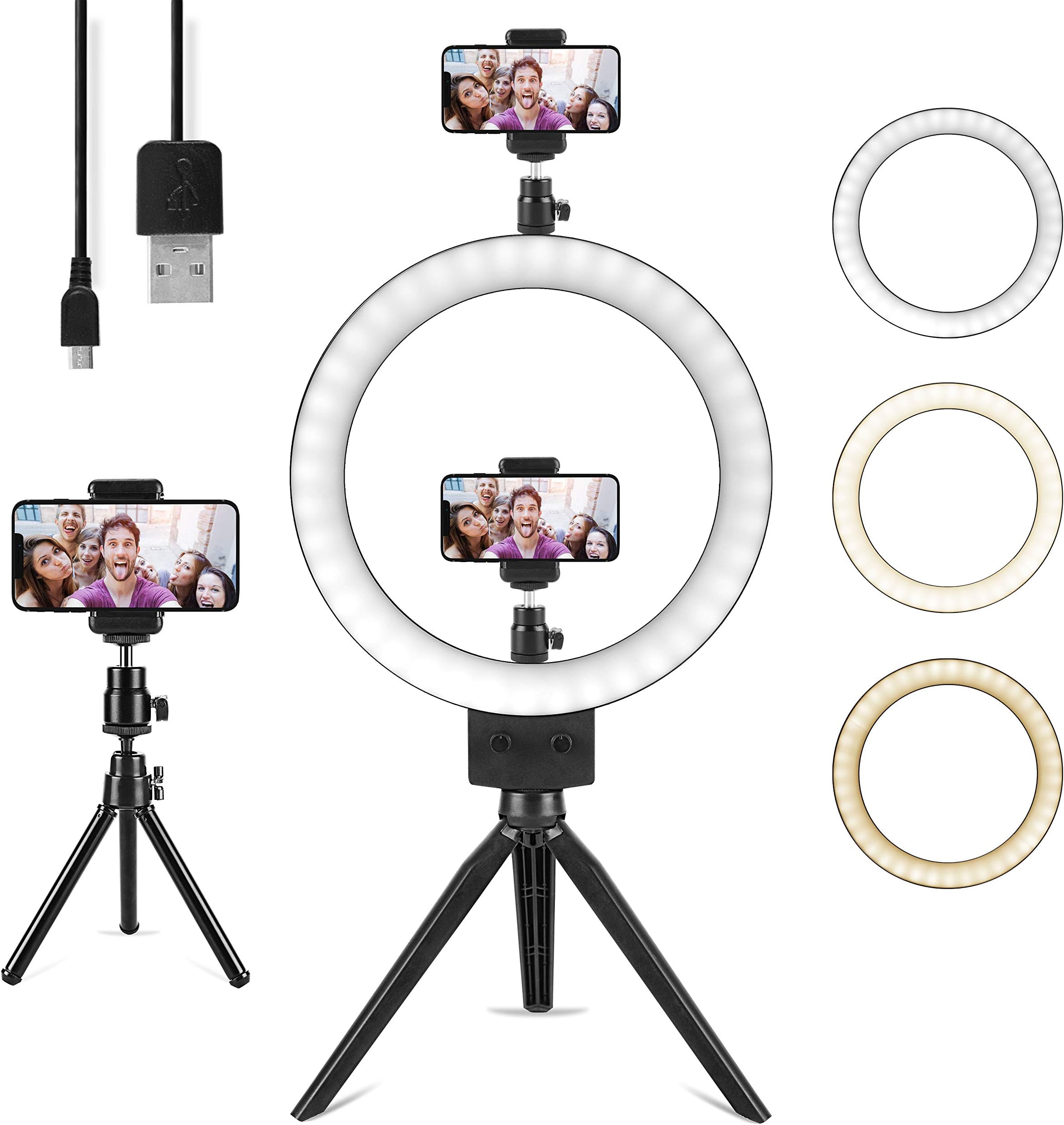 10" Ring Light with Tripod Stand & 2 Cell Phone Holder for YouTube Video & Tiktok, Lusweimi Mini Dimmable Desk Makeup Led Ringlight for Photography, Shooting and Live Streaming