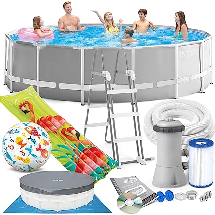 Intex 457 x 122 cm Prism Frame Swimming Pool Schwimmbecken 26726 Komplett-Set mit Pumpe, Unterlegeplane, Abdeckplane und Leit