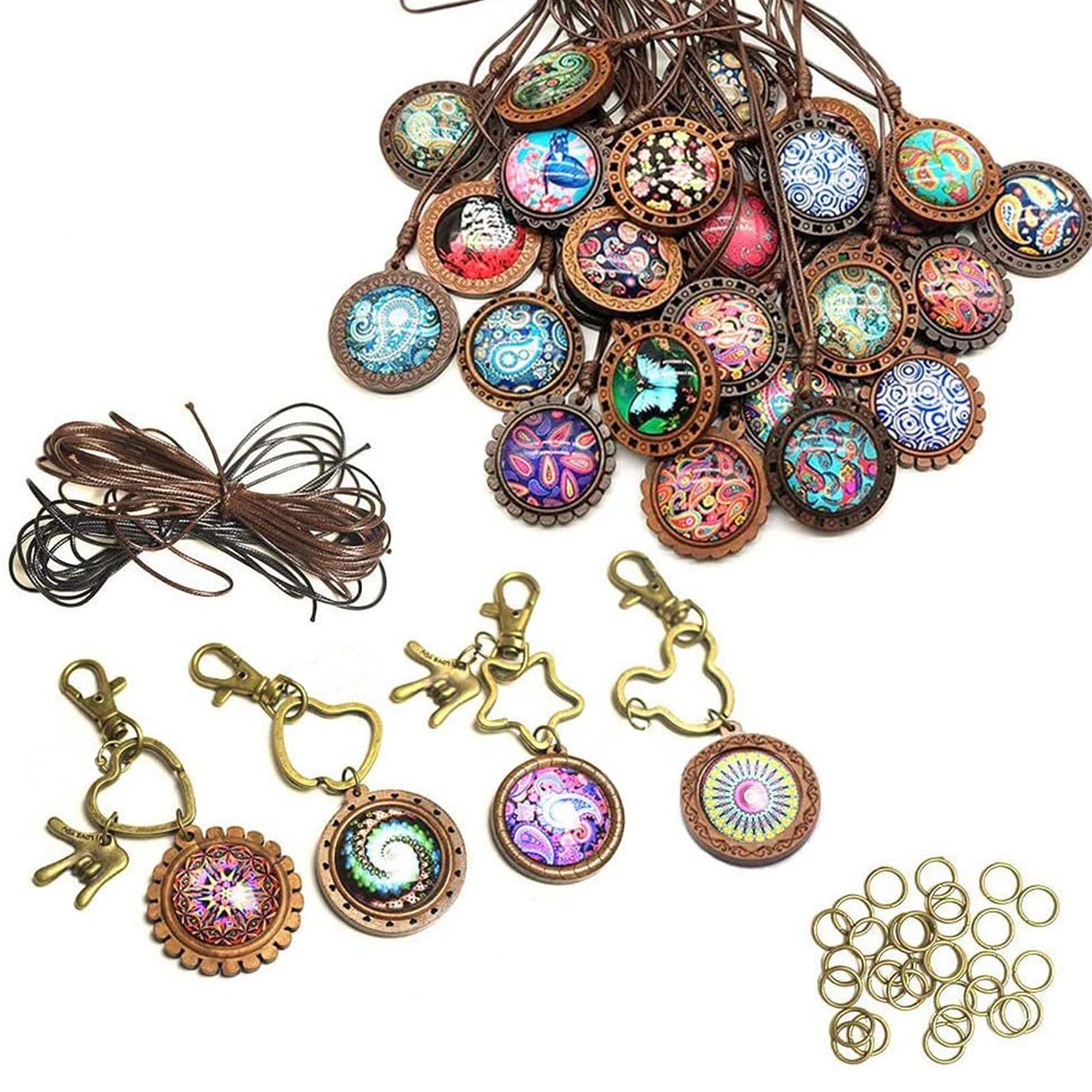 DAHI Bezel Pendant Trays Round Wooden and Glass Cabochon Round Clear Dome, Pendants with Glass Cabochons, Retro Domes for DIY Crafting Photo Jewelry Making (wood(plus))