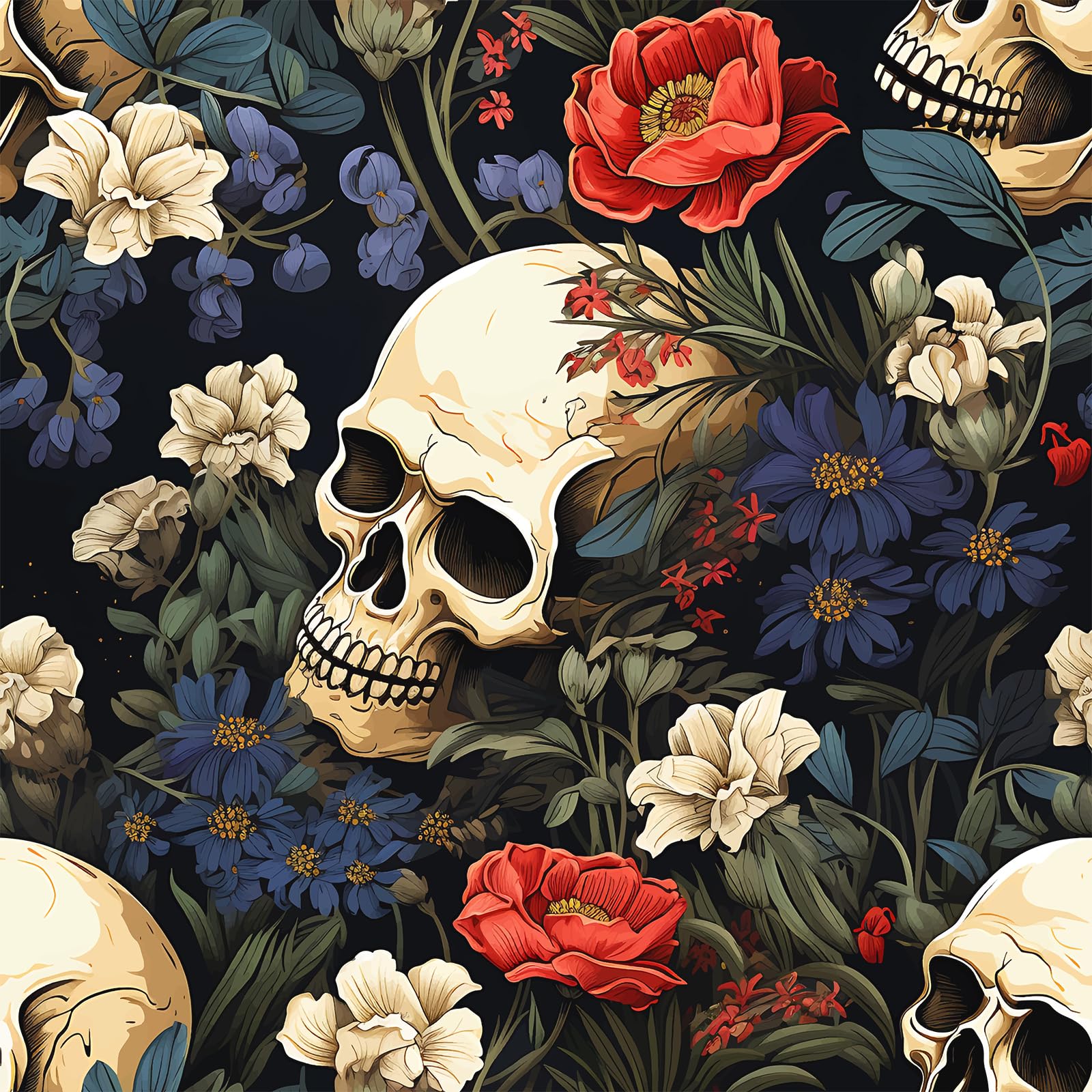 VEELIKE Witchy Skull Wallpaper Stick and Peel Blue Black Floral Wallpaper Modern Gothic Wall Paper 44.5cmx300cm Dark Patterned Contact Paper for Bathroom Bedroom Removable Botanical Wall Mural