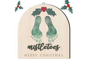 Beeveer Baby's First DIY Christmas Footprint Art Wooden Mistletoe Craft Milestone Card Christmas Rustic Hanging Ornament Nursery Footprint Decorative for Baby Shower Newborn Photoshoot Prop(Classic)