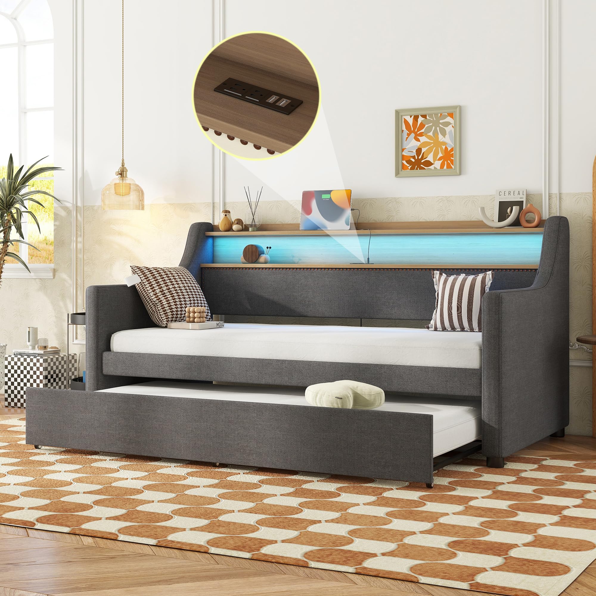 Photo 1 of *** PARTIAL SET *** Bellemave Twin Size Daybed with Trundle, Upholstery Daybed with LED Light ? Charging Station, Fabirc Day Bed with Wood and Metal Frame, Twin Daybed Frame with Storage Shelf, Gray. just bed part