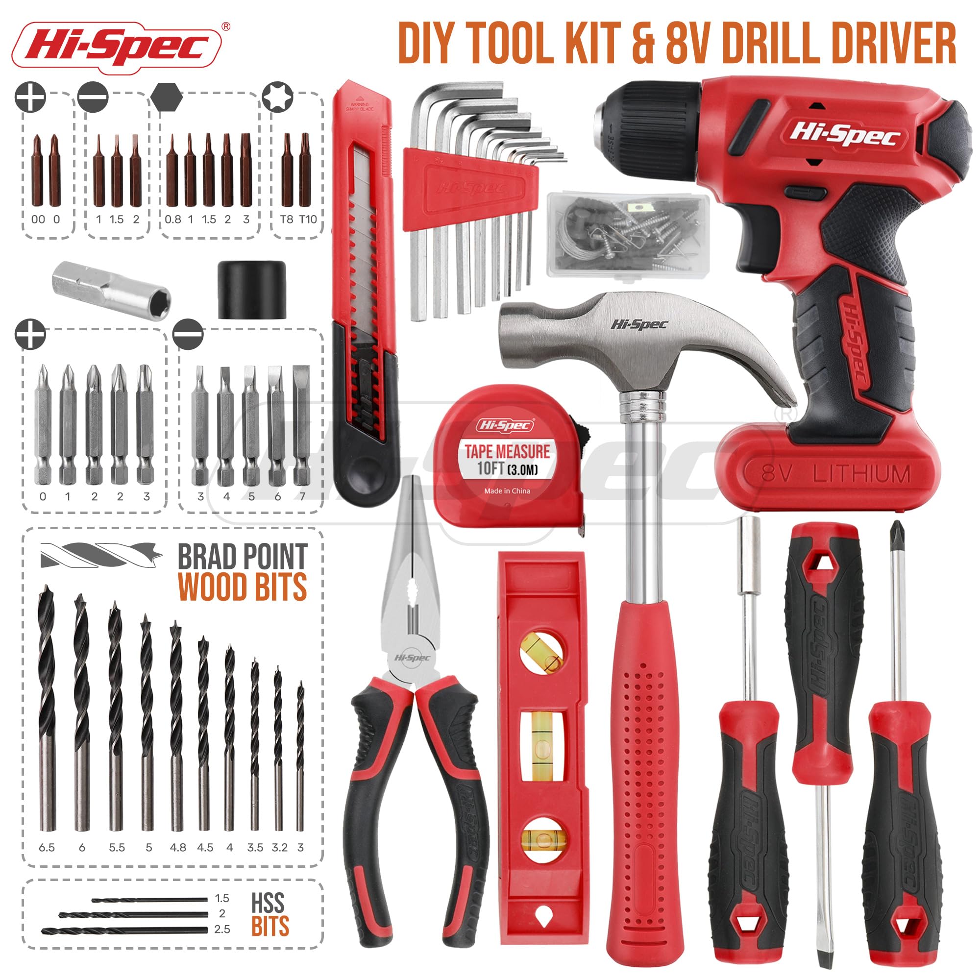 Hi-Spec 58 tlg. Werkzeugset in Rot mit 8V USB Bohrmaschine mit Akku. Werkzeugkoffer gefüllt für Haushalt DIY Reparatur und Wartungsarbeiten 2