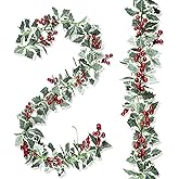 Whaline 2Pcs Christmas Artificial Garlands, 15.7Ft Xmas Berry Holly Leaves Garland Faux Greenery Garlands Winter Snowy Red Berries Hanging Vine for Wedding Party Home Decoration