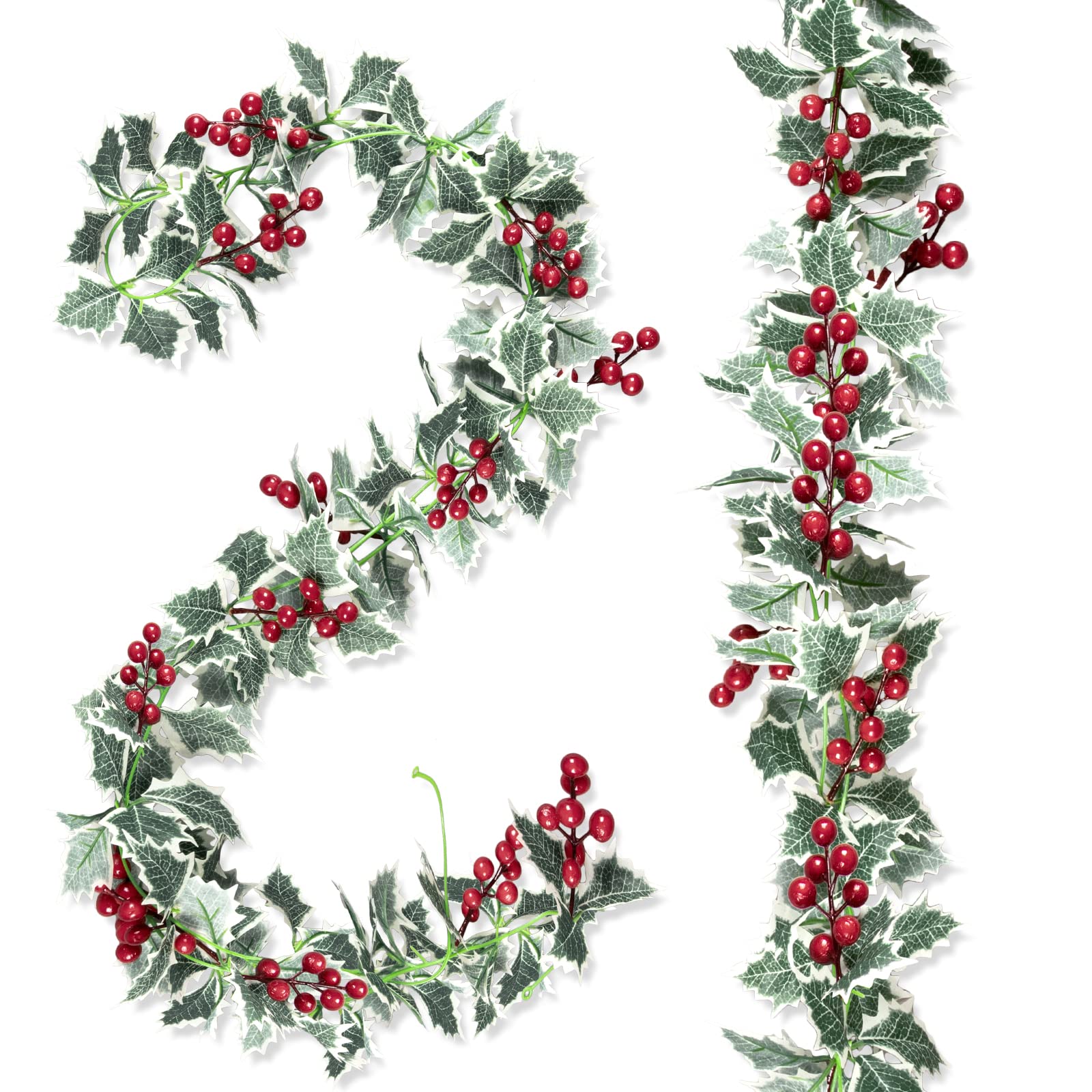 Whaline 15.7Ft Christmas Garland Artificial Holly Leaves and Red Berries Hanging Vine Faux Xmas Berry Greenery Garland for Indoor Outdoor Home Wedding Winter Party Door Frame Backdrop Decor, 2Pcs