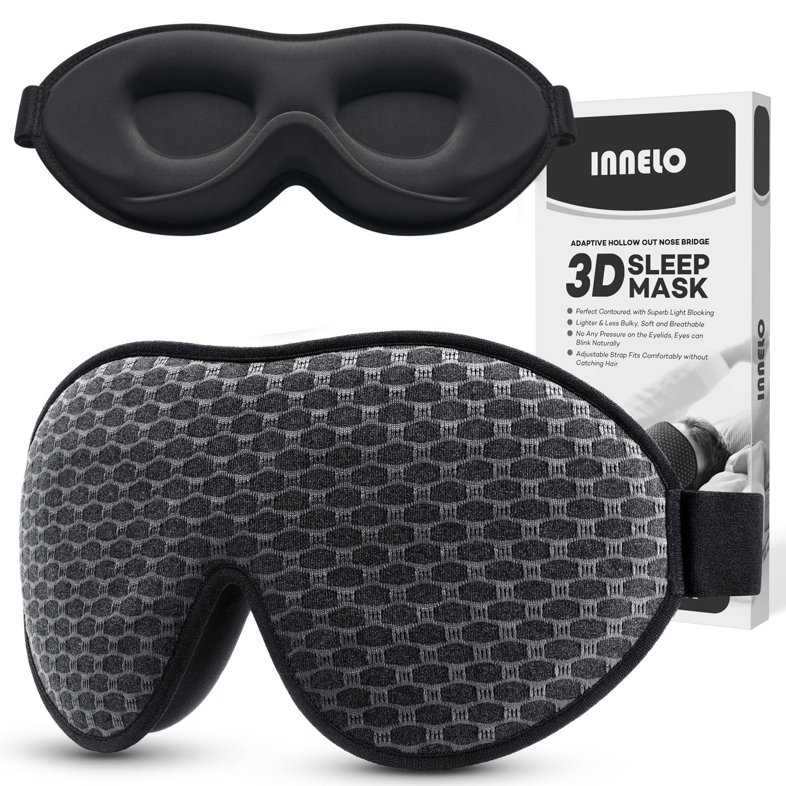 INNELO Sleep Mask 100% Blackout for Men Women, 3D Contoured Zero Pressure Eye Mask for Sleeping with Ice Silk Lining, Soft Comfort Sleeping Mask for Shift Work, Business Trips, Insomnia,Grey