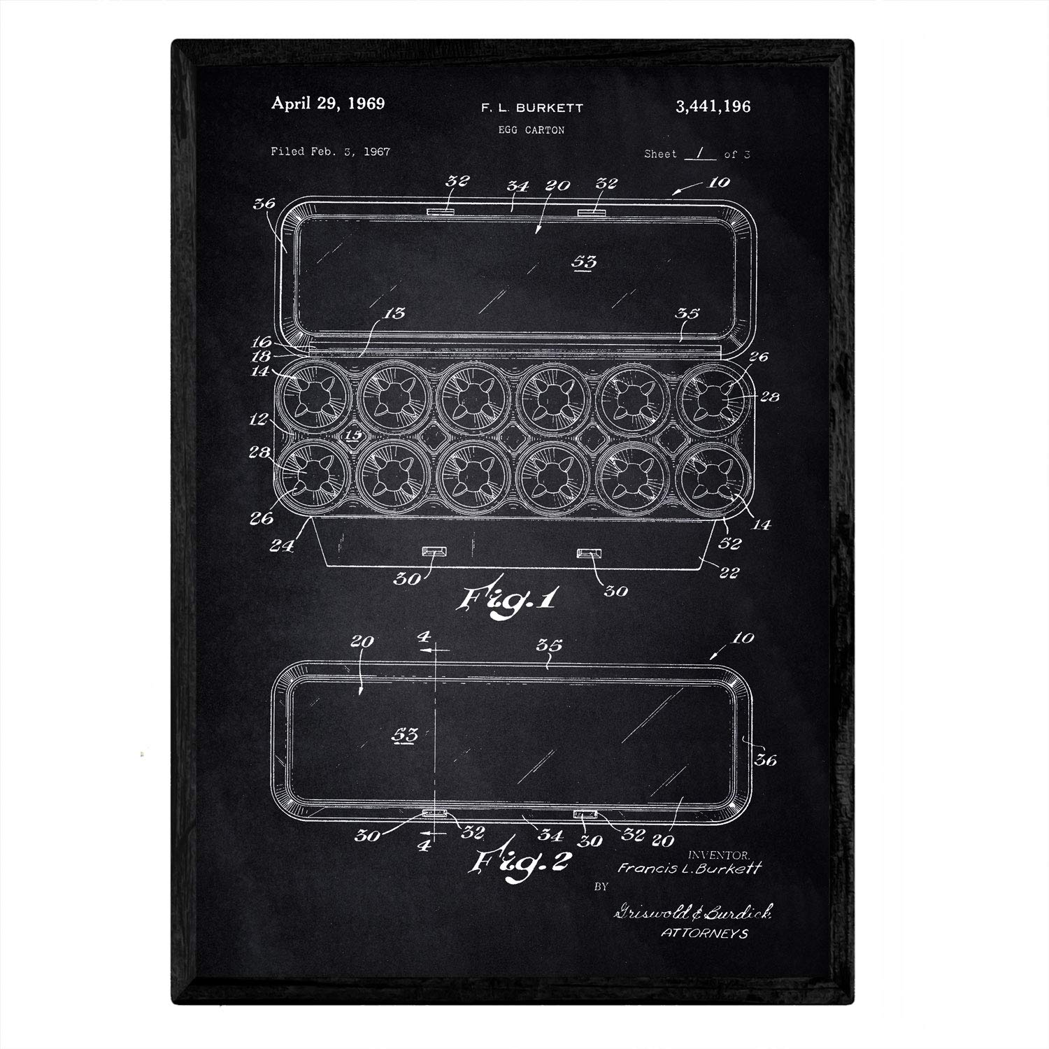 Nacnic Poster with Patent Huevera. Sheet with old design patent A3 size with black background
