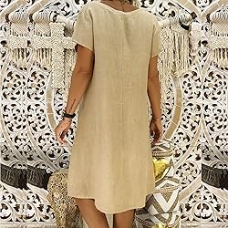 Women's Summer Cotton Linen Dress Loose V-Neck