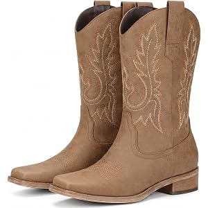 Pasuot Square Toe Cowboy Boots for Women - Mid Calf Western Cowgirl Boots | Classic Embroidery, Low Chunky Heel, Pull On Tabs