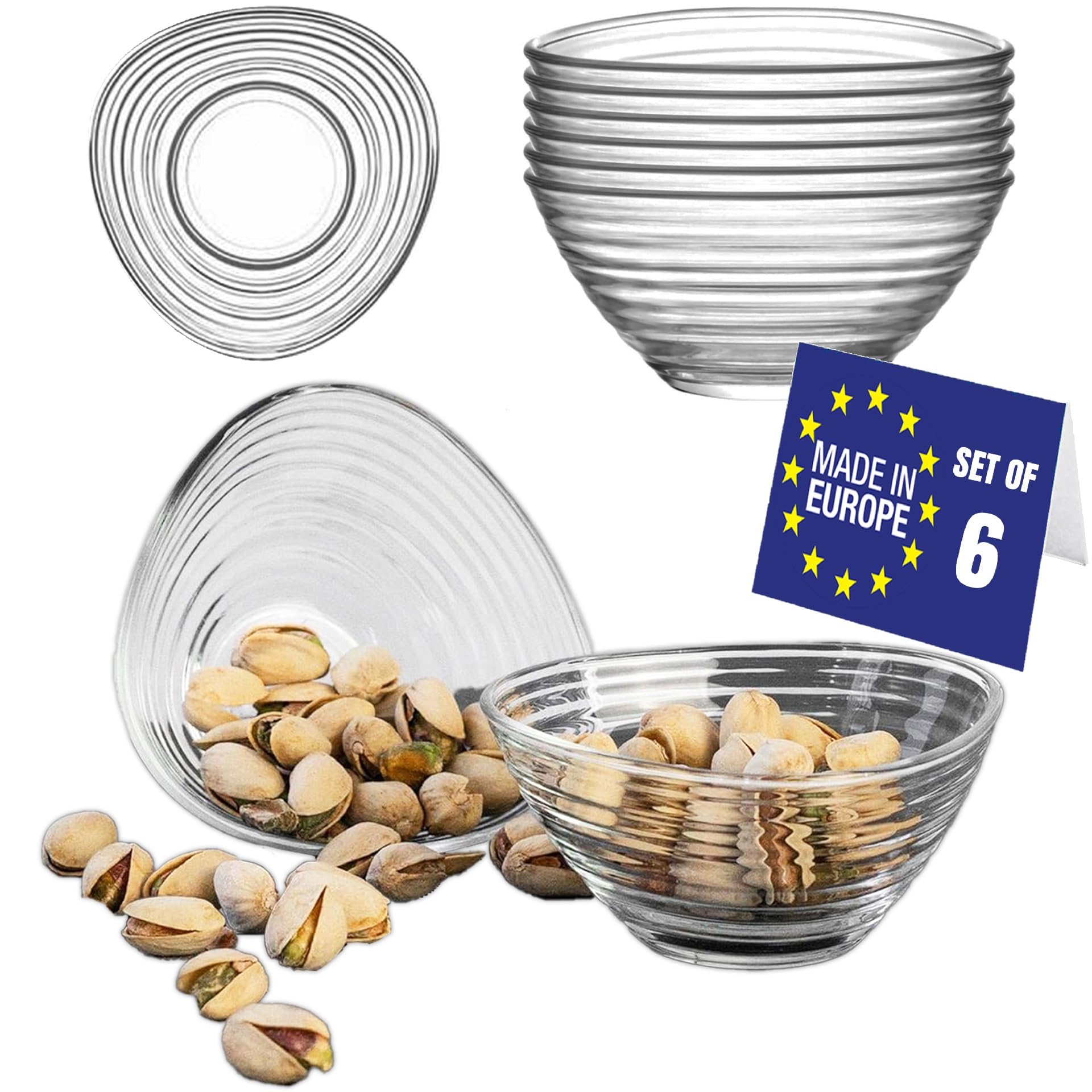 NORDIC SCHILLER Stylish Stackable Glass Dessert Bowls Set of 6, 300ml, 100% Lead Free Ice Cream Bowls, Salad Bowl, Side Bowls, Dessert Cups, Glas Prep, Sauce & Snack Bowl, Dessert Dishes