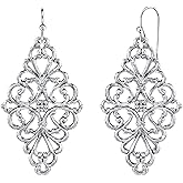 1928 Jewelry Diamond Symmetrical Filigree Drop Clip On Earrings, Vintage Baroque Style Motifs, Non Piercing Ear Rings, Pierceless Snap On Made In USA