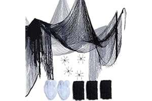 BOAO 3 Pcs Halloween Black Creepy Cloth Scary Gauze Cloth Doorways with 2 Pcs Halloween Spider Web Netting Fabric 4 Pcs Plastic Spiders for Haunted House Creepy and Spooky Halloween Decorations