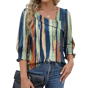 Funlingo 3/4 Length Sleeve Womens Tops Asymmetric Square Neck Dressy Casual Blouses Business Work Shirts with Smocked Cuffs