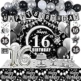 16th Birthday Decorations for Boys Girls, Black and Silver Sweet 16 Year Old Party Decorations with Happy 16th Birthday Banner Balloons, 16 Balloon Numbers Backdrop Tablecloth Sixteen Decor Supplies
