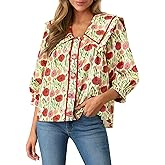 COCCKO Women's 2026 Fashion Tops 100% Cotton Button Down Shirts V Neck 3/4 Length Sleeve Floral Peter Pan Collar Blouses