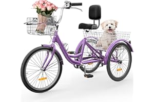 YITAHOME 24 & 26 Inch Adult Tricycle, 1 & 7 Speed 3 Wheel Bikes, Large Seat with Backrest Trike for Adults with Front & Rear Baskets, Cruiser Bike for Seniors Women Men Commute Picnic Outdoor