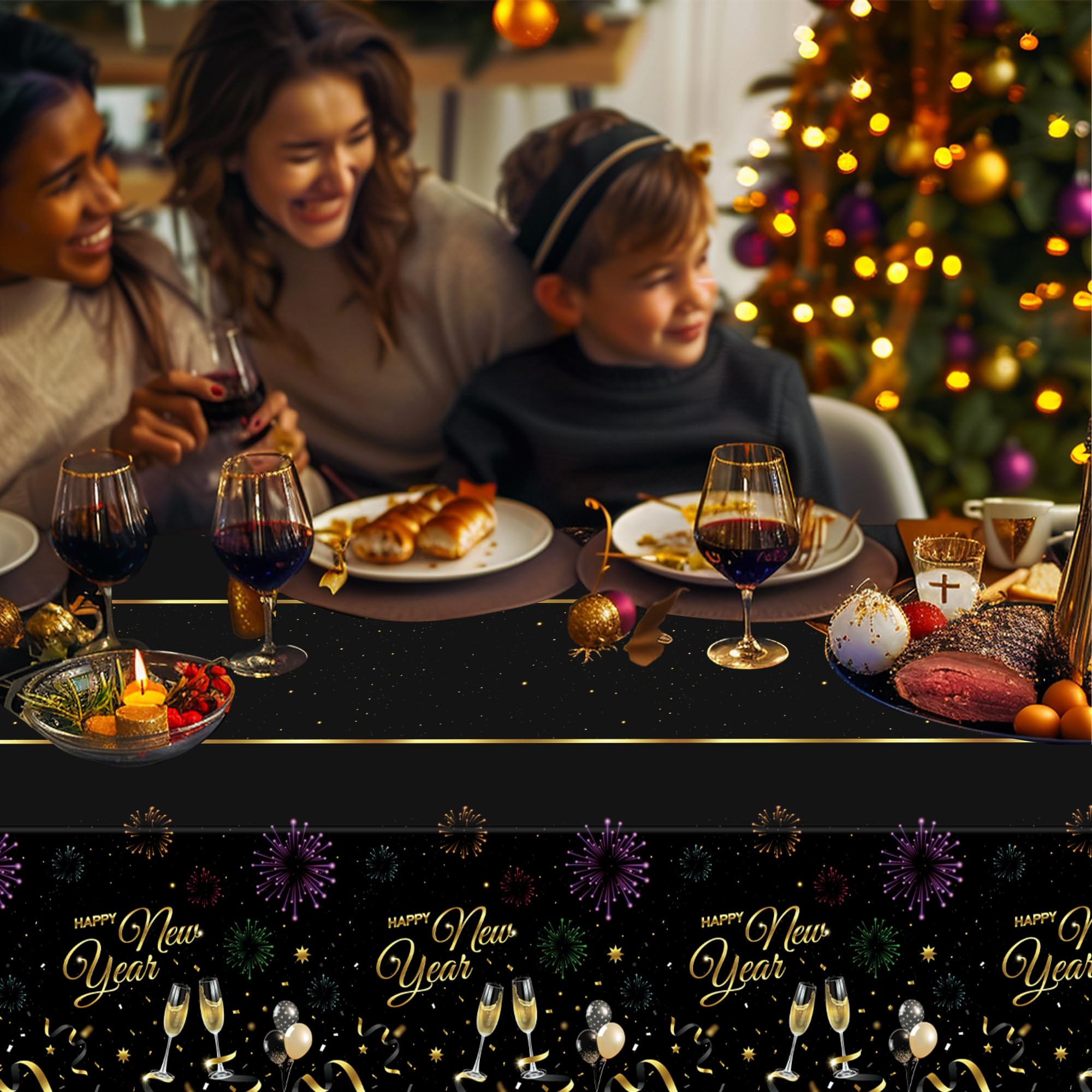 Childom 2 Pack Happy New Year Tablecloths,Happy New Years Decorations 2026,Disposable Rectangular Tablecloths Plastic 54