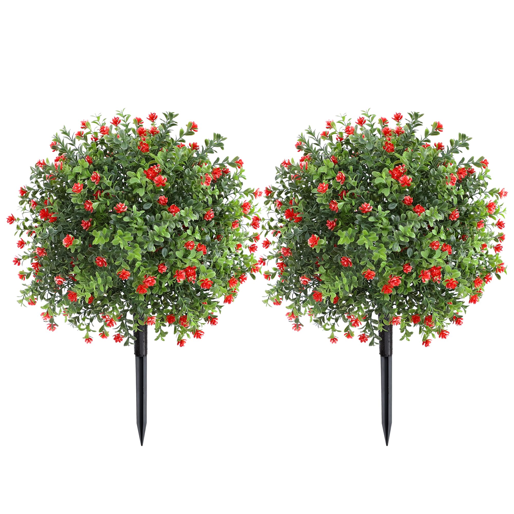 Photo 1 of 24inch Artificial Boxwood Topiary Ball Tree, Fake Bushes with Red Flowers, Faux Shrubs Plant with Ground Spike for Outdoor Indoor Yard Garden (Set of 2)