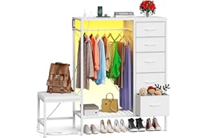 YAOHUOO Coat Rack, Hall Tree with Bench and Fabric Drawers, Dressers with Power Outlets&LED Lights, Multipurpose Storage Rack