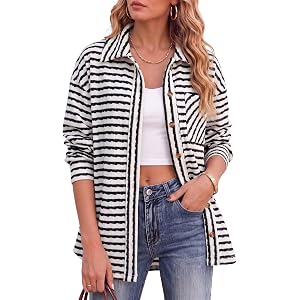 Dokotoo Casual Jackets for Women Striped Long Sleeve Shirts Tops Shacket | 2026 Early Fall Fashion, Button Down Turn Down Col