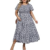 Younrui Womens Plus Size Long Maxi Dress with Pockets Floral Smocking Flutter Sleeves Tiered Layers Casual Dresses