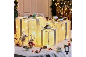 Brightown 3 Pieces Lighted Gift Boxes Outdoor Christmas Decorations, 12" 10" 8" with 60 Pre-Lit Mini String Lights，Foldable LED Boxes with Bows for Tree Indoor Outdoor Party Yard Home Decor
