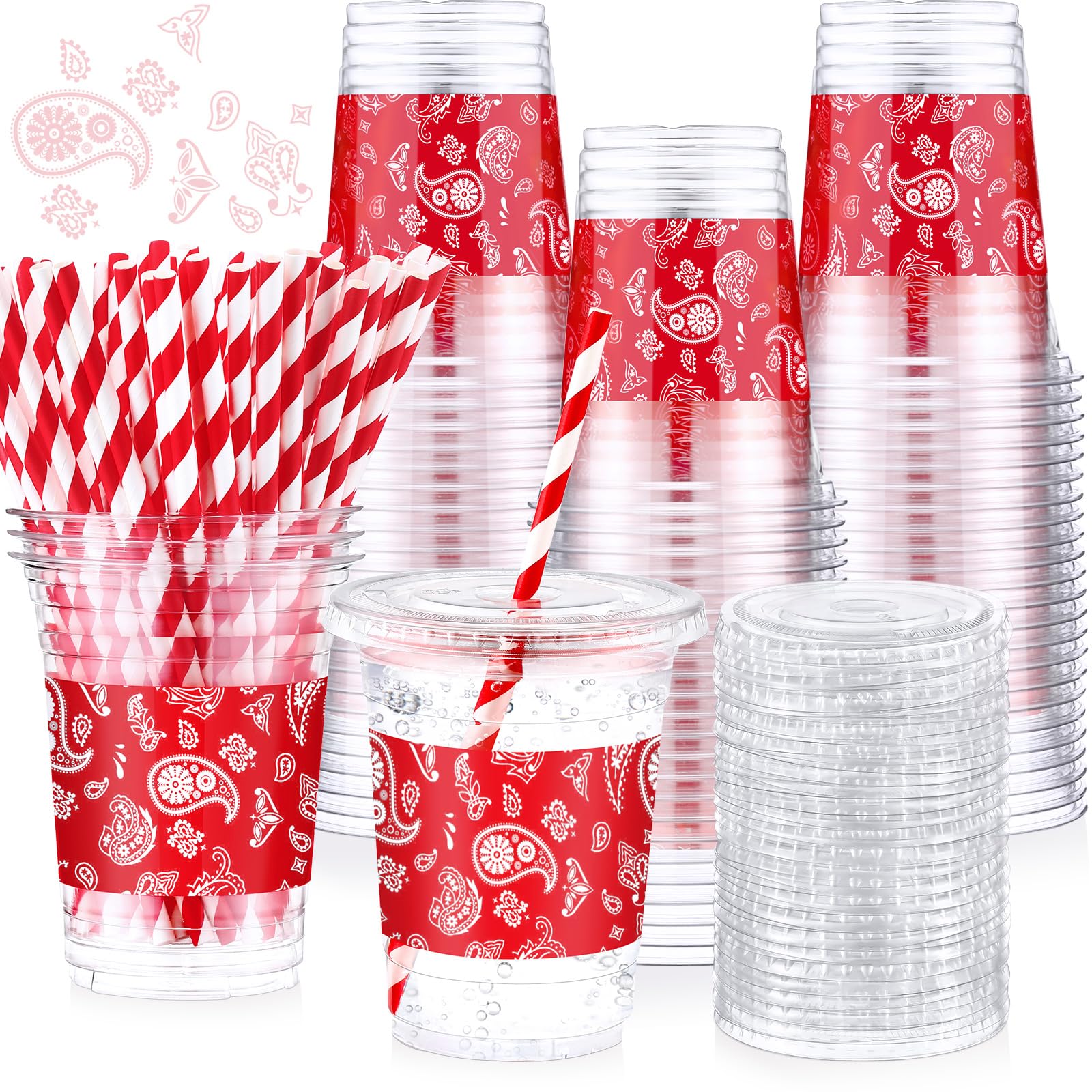 Photo 1 of Honeydak 150 Pcs Western Cowboy Party Cups Set 50 Pcs 16 oz Red Bandana Clear Disposable Cups with 50 Lids and 50 Paper Straws Western Party Plastic Cups Decoration for Cowboy Birthday Party Supplies