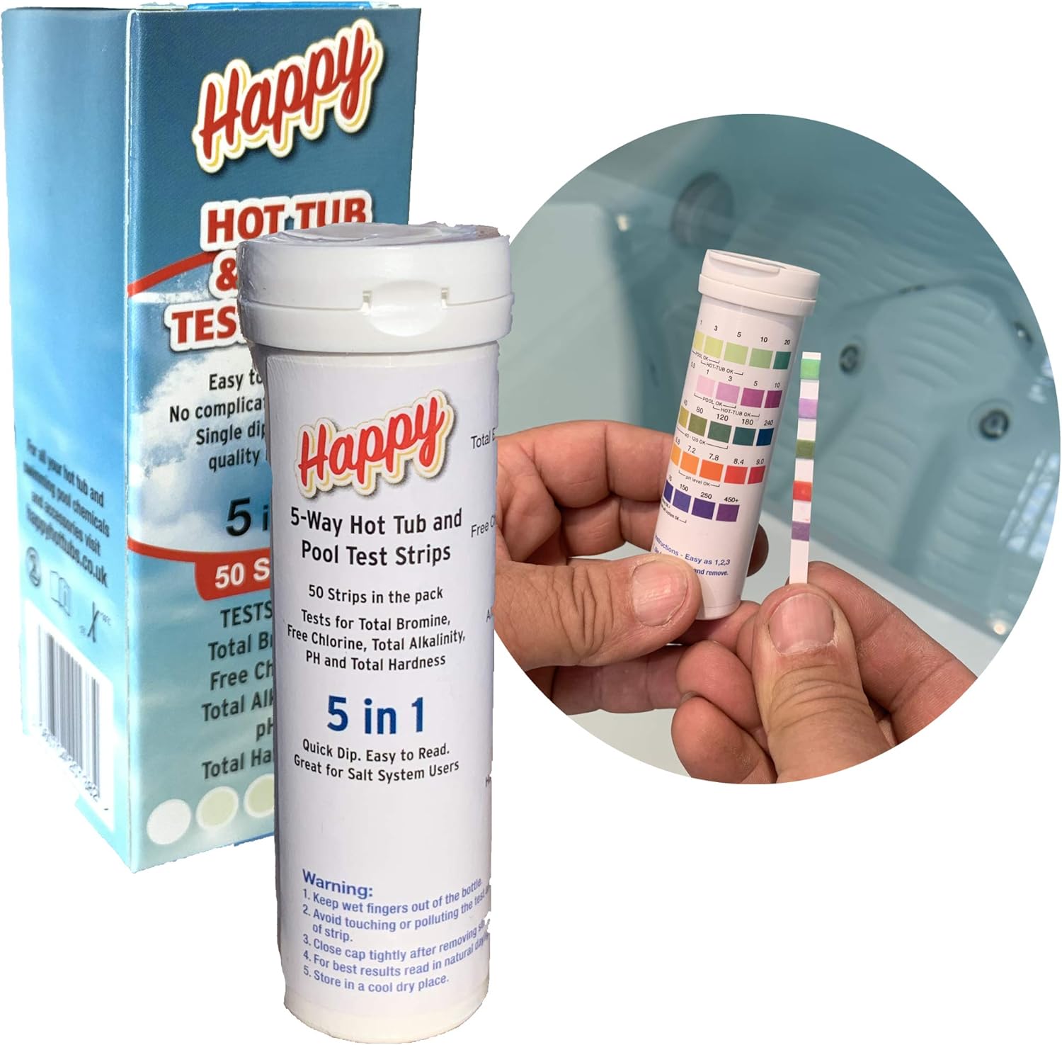 Happy Hot Tubs 5Way Test Strips Chlorine Bromine Tub Swimming Pool PH