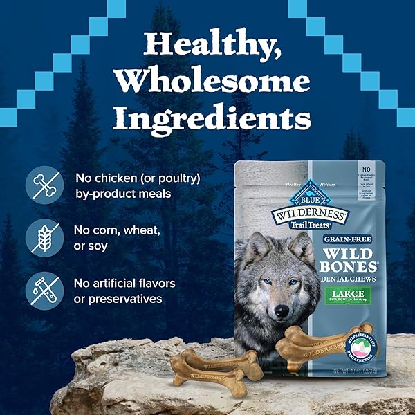 BLUE BUFFALO WILDERNESS TRAIL TREATS WILD BONES LARGE DENTAL CHEWS, GRAIN-FREE DOG BONES FOR LARGE DOGS MADE WITH NATURAL INGREDIENTS, 10-OZ BAG