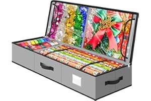 BlessedSeason Wrapping Paper Storage Organizer for 40 Inch Christmas Gifts Wrapping Paper, 2 Visible Supplies Pockets for Holiday Accessories, Christmas Decoration Storage Containers, Grey